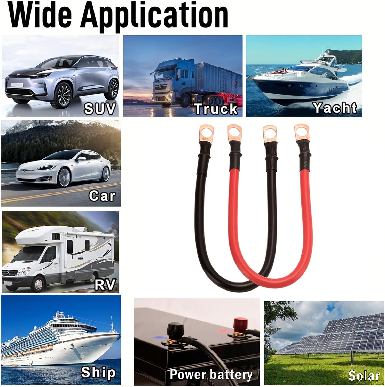 Battery Cable Set with Copper Wires, 12 inches, 6 AWG, 3/8" Lugs, Black & Red, For Motorcycle, Automotive, Marine, Solar, ATV, RV Batteries