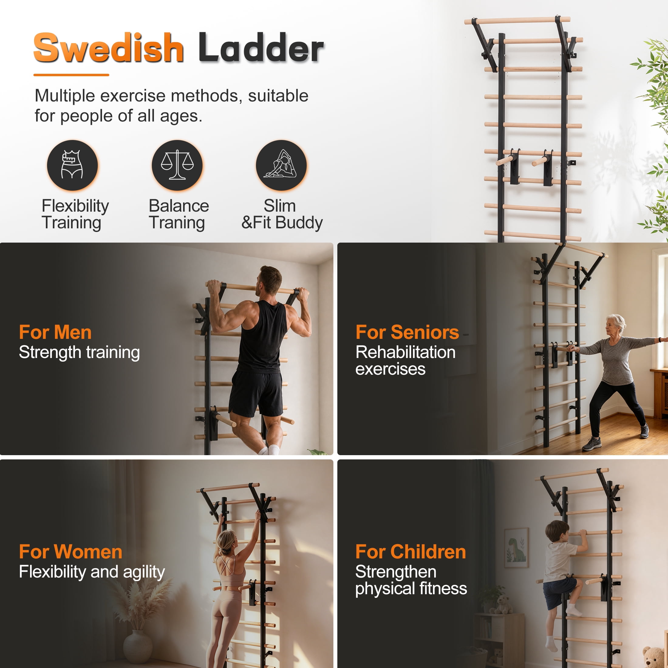 Wall Mount Swedish Ladder Home Gym Training Stall Bar with Adjustable Pull Up Dip Bars & Resistance Straps, Max 286lbs Capacity