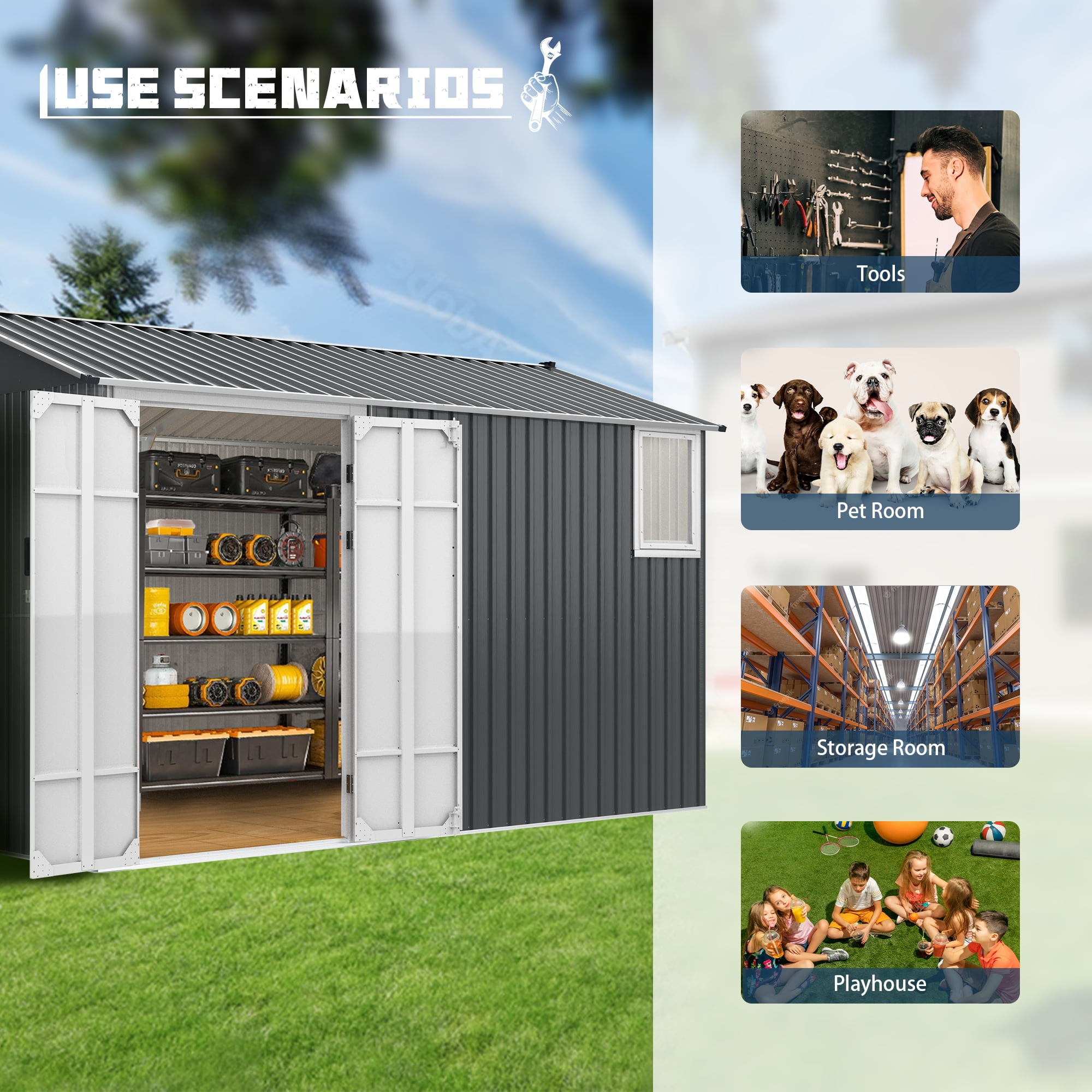 Chery Industrial 8x12 Ft Metal Outdoor Tool Storage Shed with Window, Floor Base & Air Vents, Gray