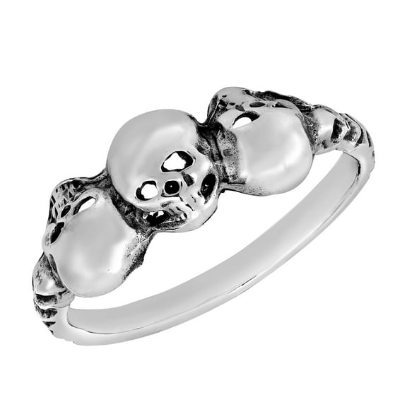 Edgy Immortal Triple Skulls Upside Down Sterling Silver Band Ring-7
