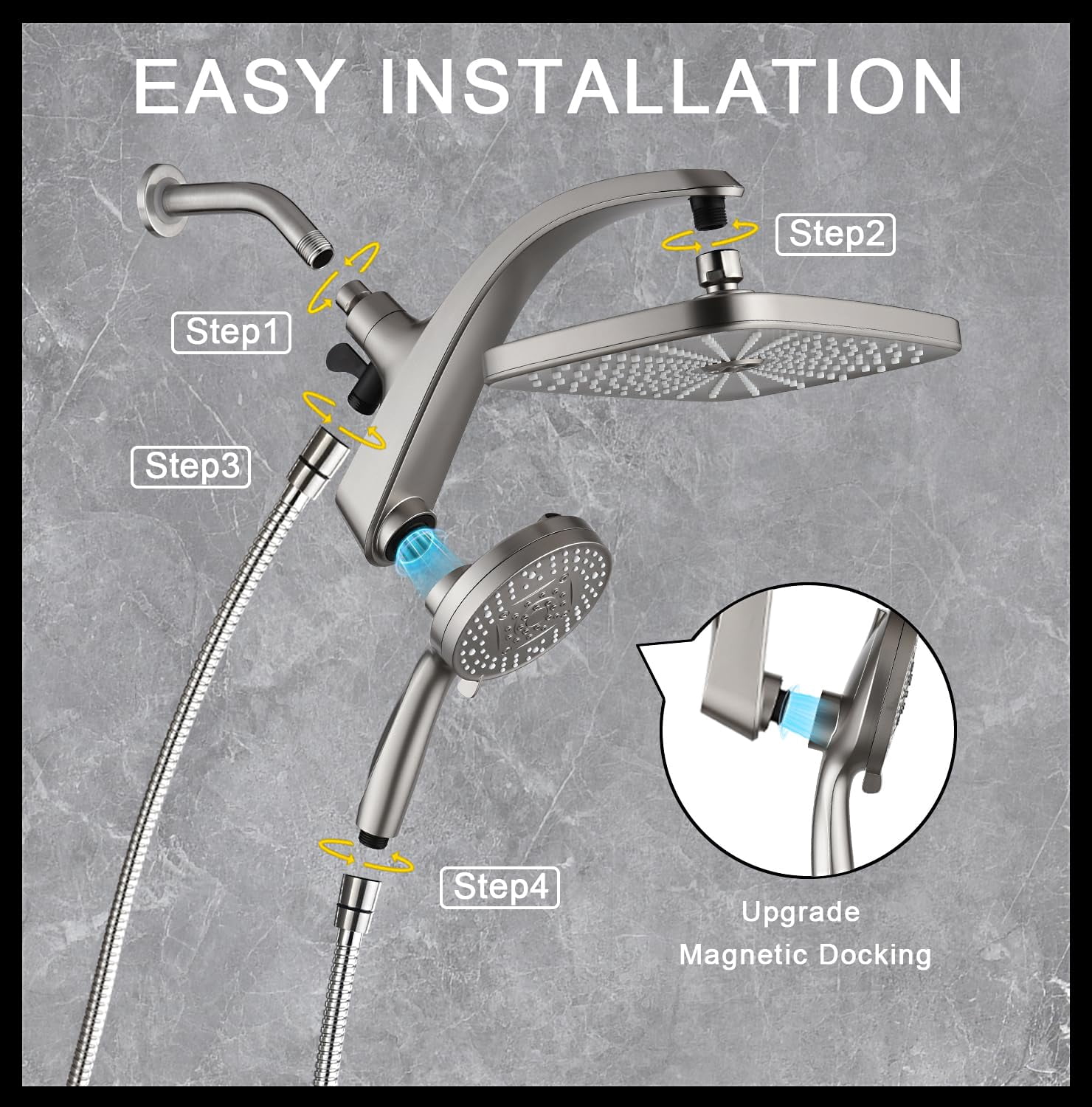 High Rain Shower Head: Upgrade Heads With Handheld Spray Combo Fixed Showerhead And 10 Sprays Head  Detachable Showerheads Built-in Magnetic Docking Power Jets