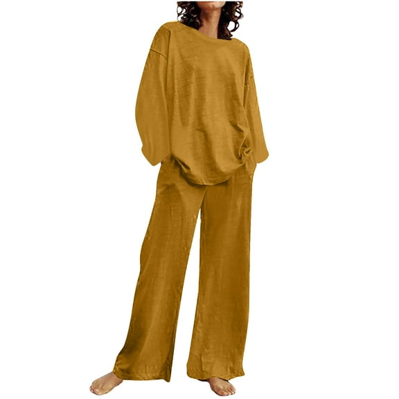 Womens 2 Piece Outfits Casual Fall Loungewear Suits Long Sleeve Crewneck Top and Wide Leg Pants Sets Plus Size Pajama (XL, Yellow)