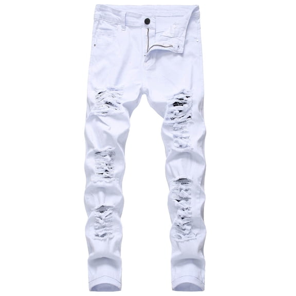Guluxicc Mens Straight Leg Pants Casual Frayed Jeans Fashion Vocation Hiking Street Trousers, White