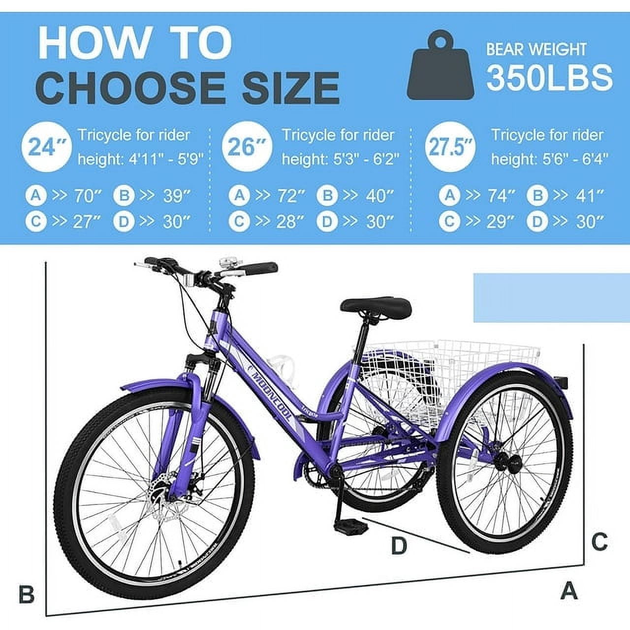 FICISOG 24" Adult Mountain Tricycle, 3 Wheeled 7-Speed Mountain Tricycle Cruiser Bike with Basket,Unisex