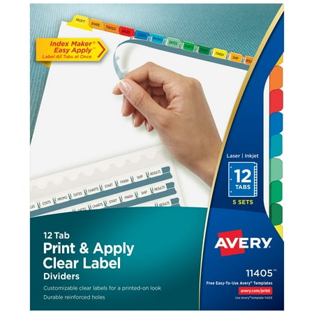 UPC: 0072782114053 | Avery 12 Tab Dividers for 3 Ring Binder  Easy Print & Apply Clear Label Strip  Index Maker Customizable Multicolor Tabs  5 Sets (11405)