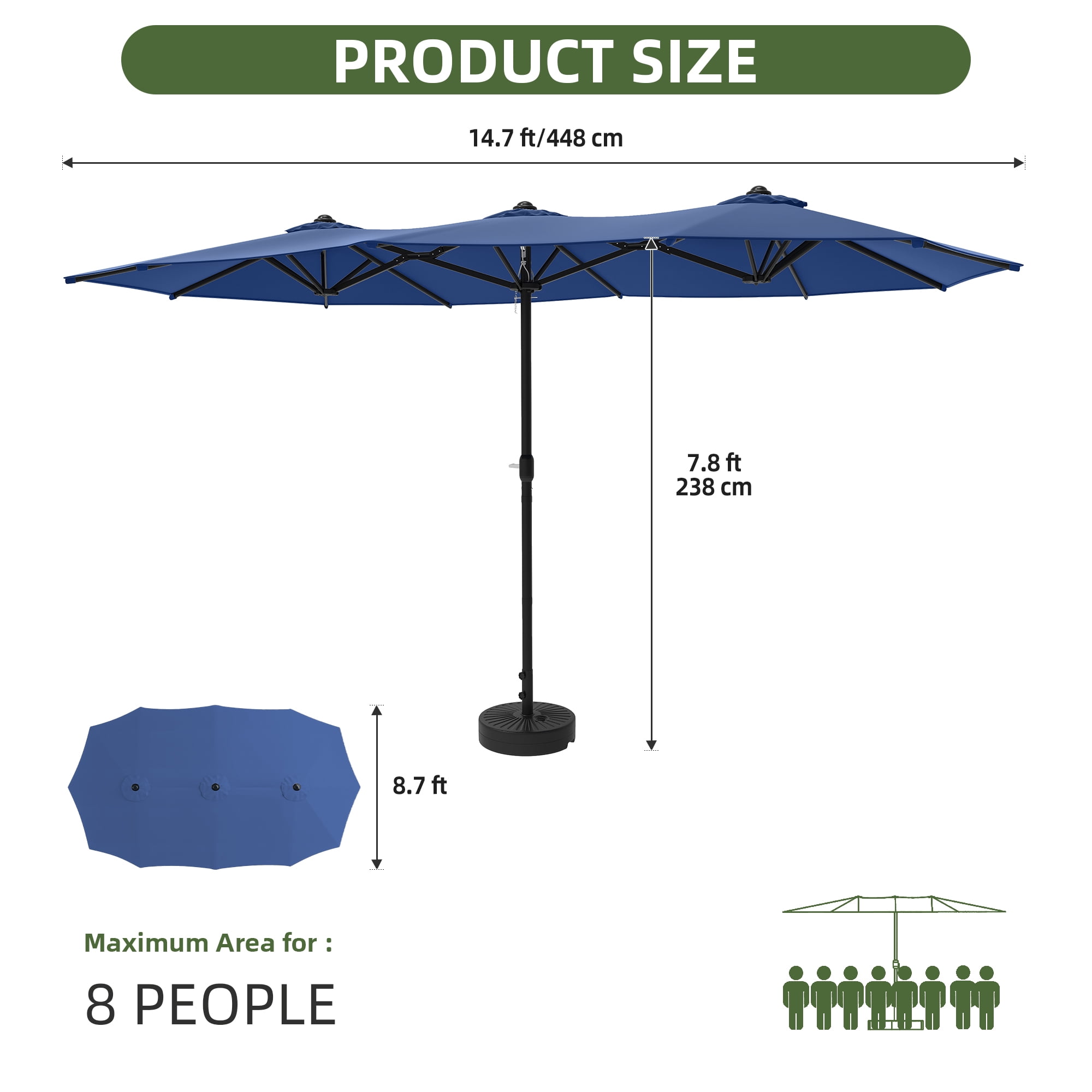 Uforic 15ft Double-Sided Patio Umbrella, Large Outdoor Portable Shade Market Table Umbrella,12 Sturdy Ribs & Tilt Adjustment ,Navy Blue