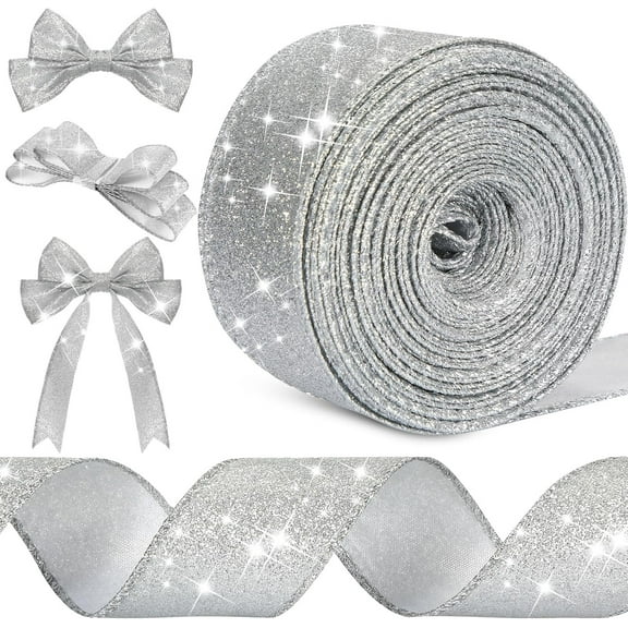 20 Yard Glitter Ribbon Wired Edge Waterproof Sparkly Garland for Gifts Wrapping Cards Crafts Wreaths Holiday Christmas Decoration(Silver,1.5 Inch X 20 Yard)