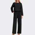 thumbnail image 2 of Womens Ribbed Knit Sets 2 Piece V Neck Long Sleeve Tops Elastic Wasit Wide Leg Pants Solid Color Lounge Sets Lightweight Loungewear Sets, 2 of 4
