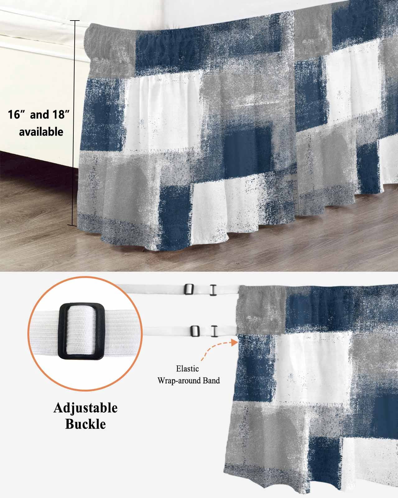 Navy Grey Abstract Art Bed Skirt Queen Size 16" Drop White Graffiti Retro Gradient Ruffled Wrap Around Bed Skirts Adjustable Elastic Bedskirt Dust Ruffle for Queen Size Bed