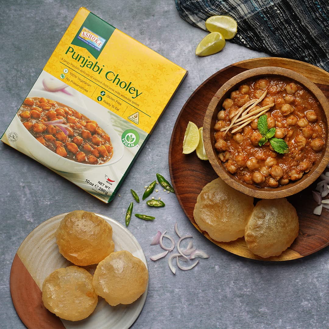 Ashoka Indian Entrees 1932, Vegan Savory Chickpeas, All-Natural, Heat & Serve Instant Meals, Punjabi Choley, Kosher Certified, Travel Friendly, Gluten-Free, and with No Preservatives, Pack of 9