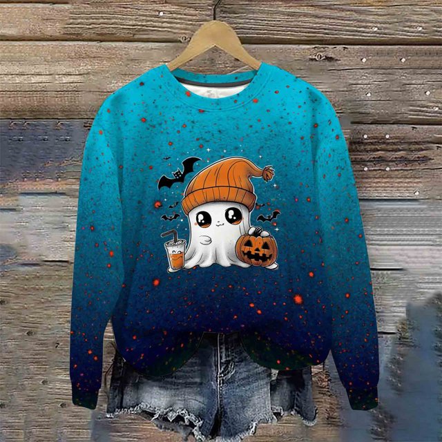 Heisall Womens Hoodies Halloween-themed Sparkling Print Round Neck Long Sleeve Fleece-lined Casual Sporty Fashion Sweatshirts