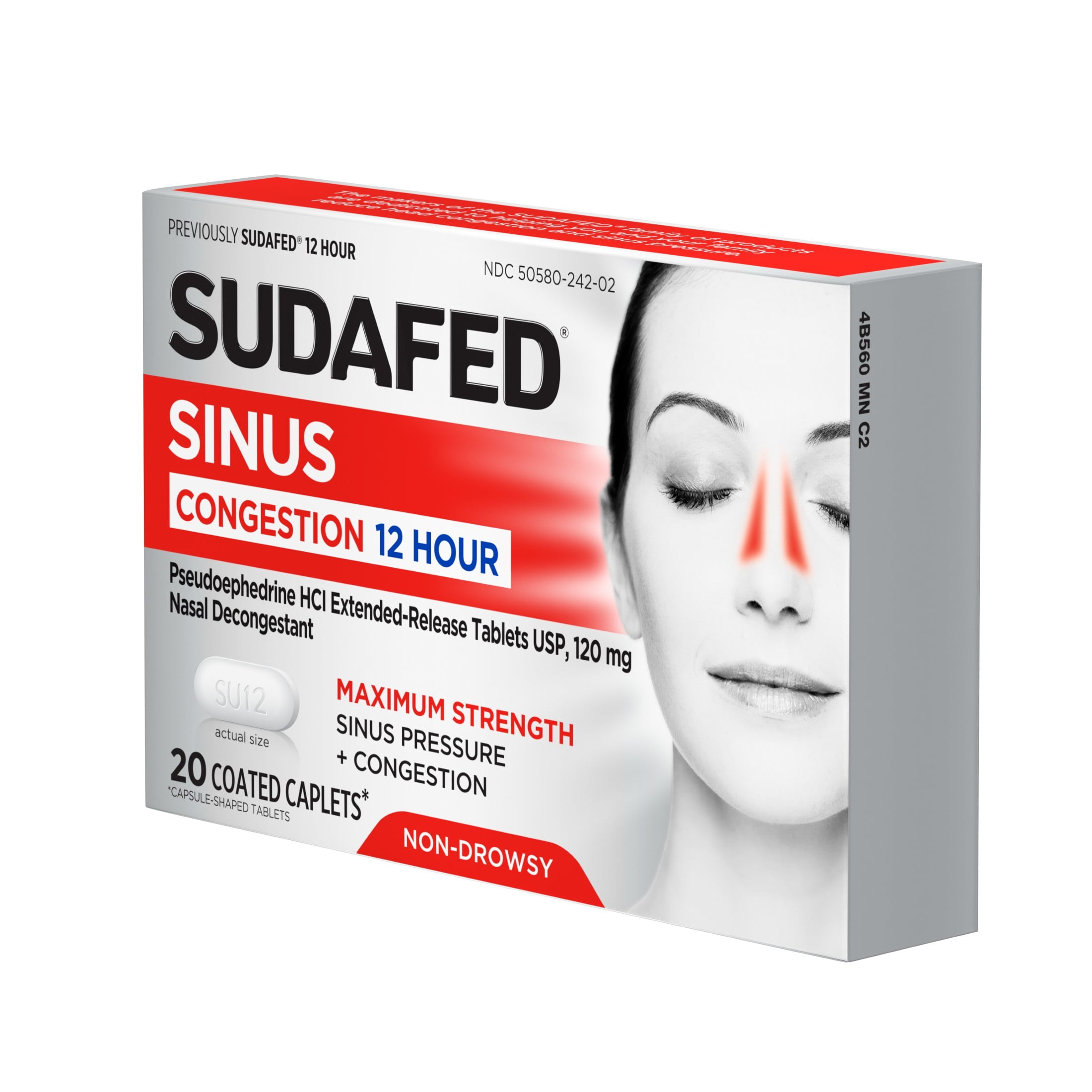 Sudafed Maximum Strength 12 Hr Sinus Decongestant, Non-Drowsy, 20 ct