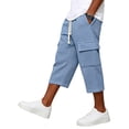 thumbnail image 6 of BiZtdJrK Mens Capri Sweatpants with Pockets Drawstring Elastic Waist Straight Leg Cargo Capris Loose Fit Comfy Solid Color Summer Pants Light Blue S, 6 of 6