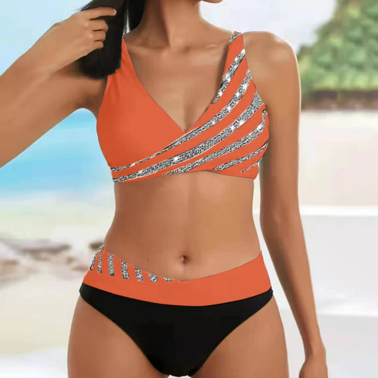 Herrnalise Womens Swimsuits Two Piece Summer V Neck Striped Print Siamese  Swimwear Beachwear Bikini Orange