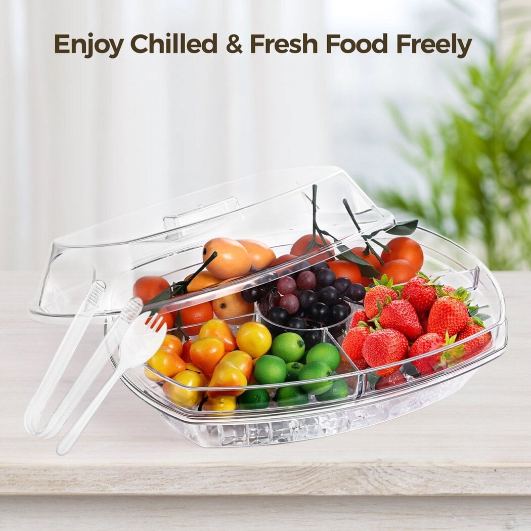 Ice Serving Bowl with Lid for Parties Chilled Dip Bowl with Tongs Spoons Cold Serving Dish for Fruits Vegetables Hummus Salsa Guacamole Sauces