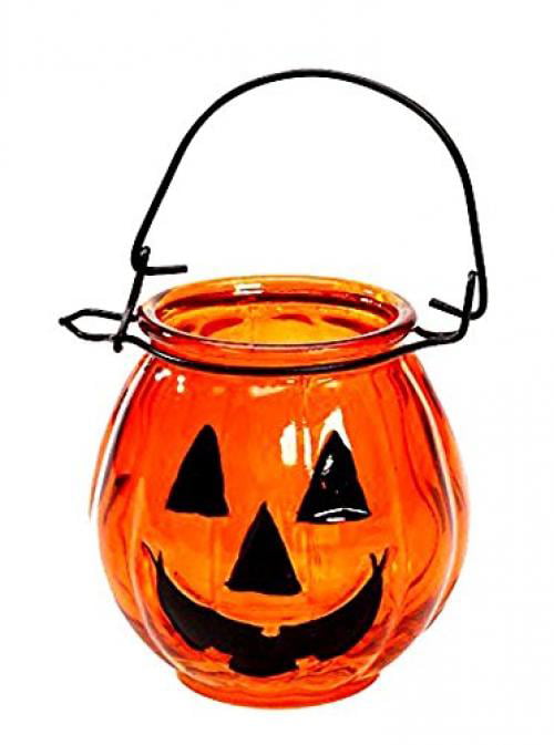 Jack-O-Lantern Glass Jack-O-Lantern with Wire Handle orange glass pumkin Halloween Decor home decor