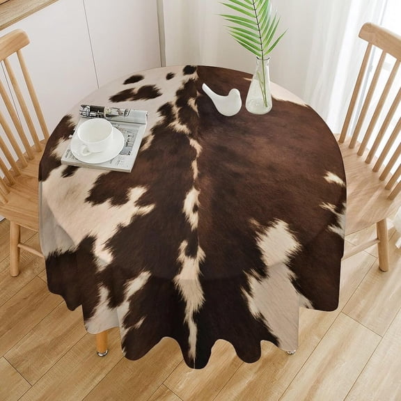 Odenmar Round Tablecloth 60 Inch, Brown Cow Print Polyester Table Cover, Faux Cowhide Farmhouse Tablecloth for Dining Table, Kitchen, Party & Outdoor Use