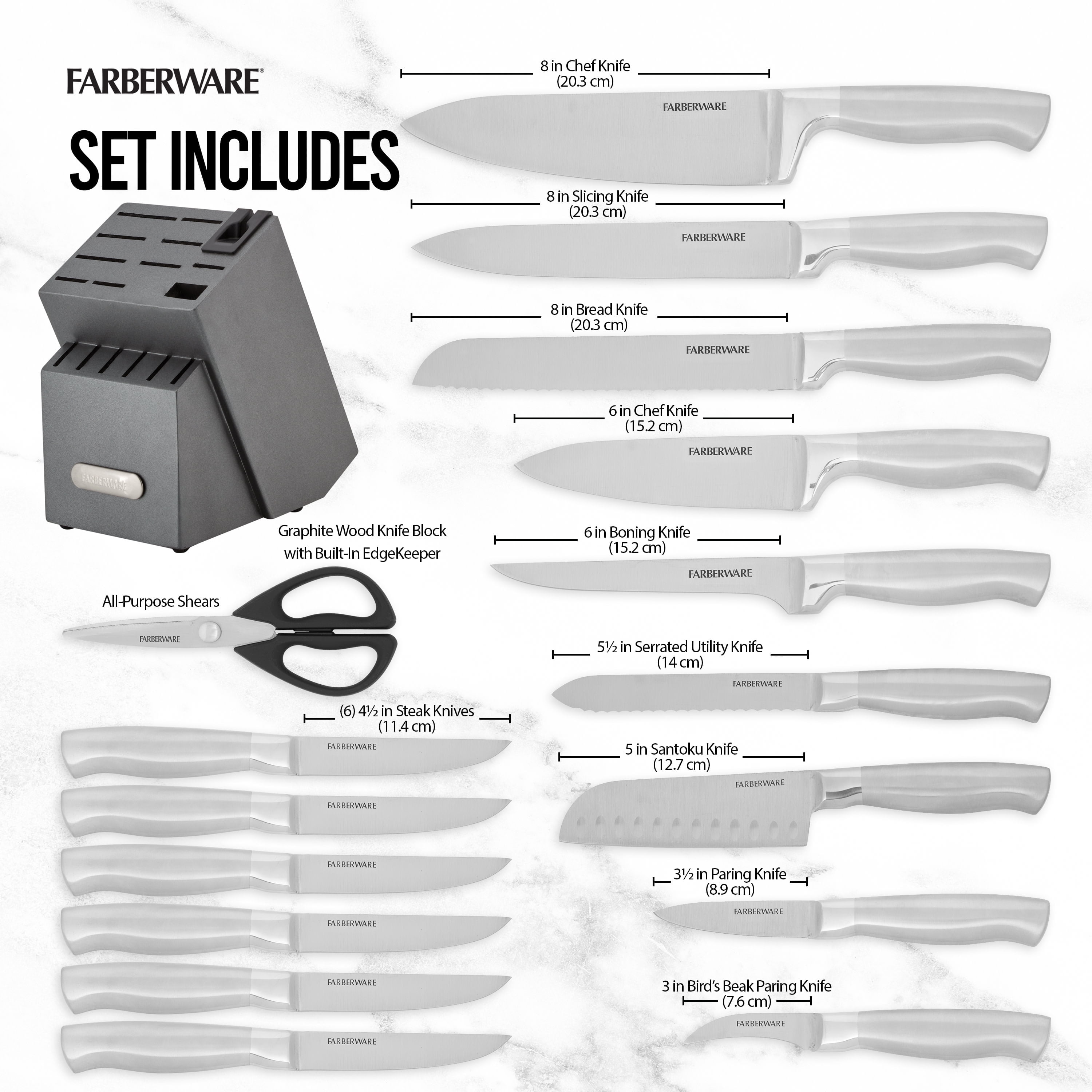 Farberware EdgeKeeper Professional 17-Piece Stainless Steel Knife Set Block Built-in Knife Sharpener