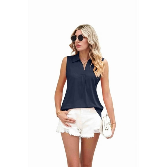 Sleeveless Tops for Women - Summer V Neck Casual Tank Tops Loose Solid Collar Shirts Navy Blue S