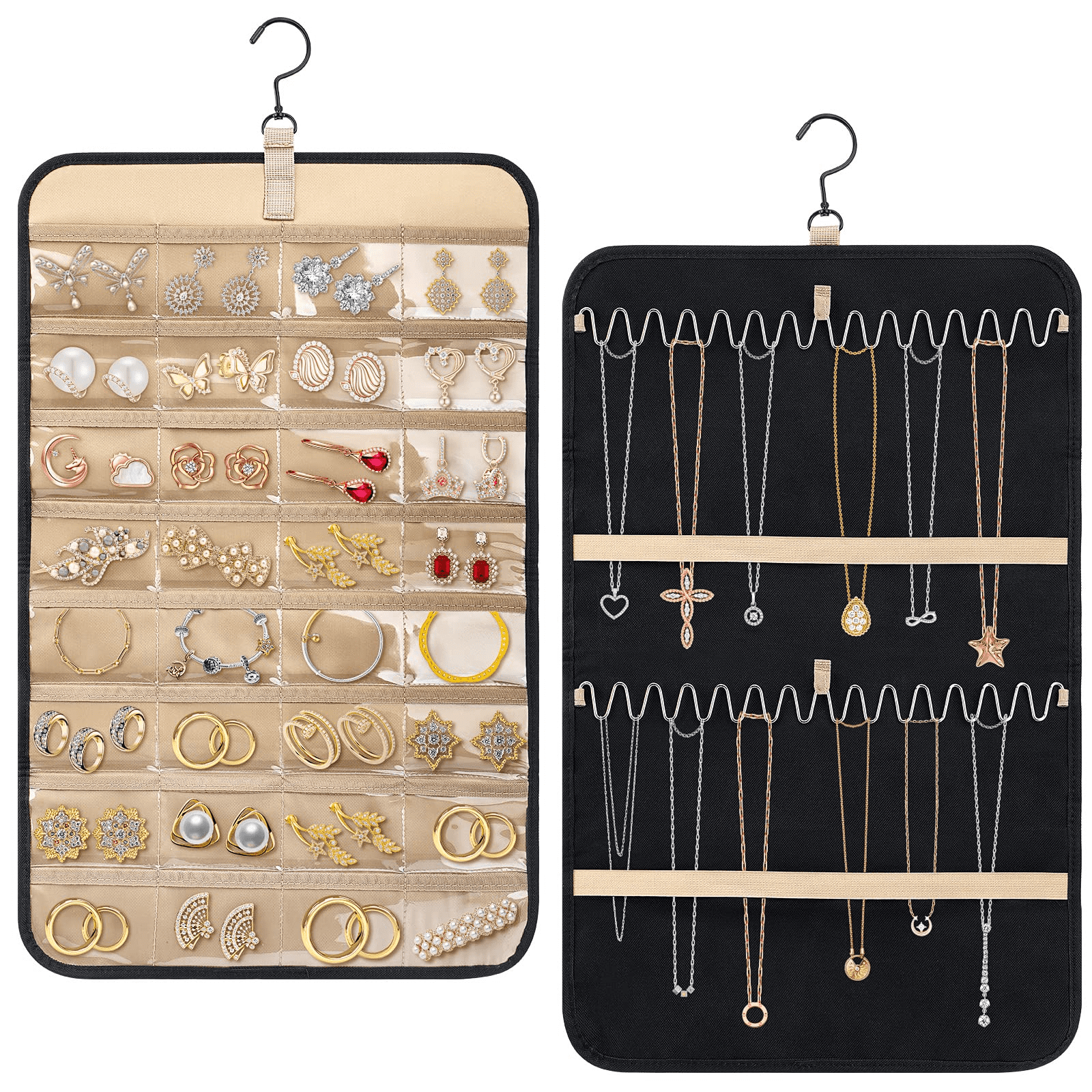 Zznnkj Hanging Jewelry Organizer Storage Roll With Hanger Metal Hooks, Double-Sided Jewelry Holder With 48 Jewelry Bags For Earrings, Necklaces, Rings On Closet, Wall, Door, Large, Black