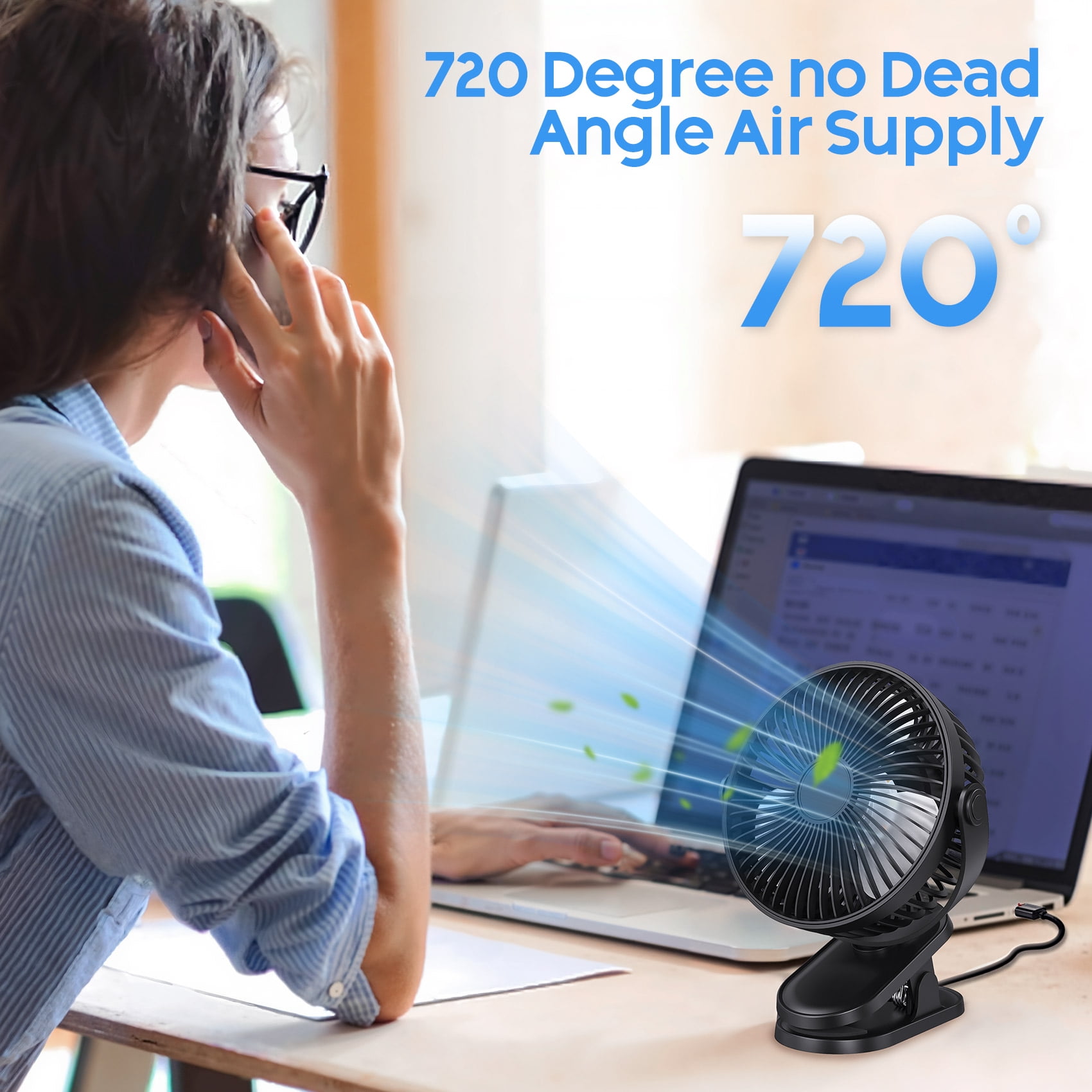 Zsiparty Clip on Fan, 4-Speed Rechargeable USB Desk Fan with Night Light, 6 " 4000mAh 720 Rotation Outdoor Portable Fan for Travel