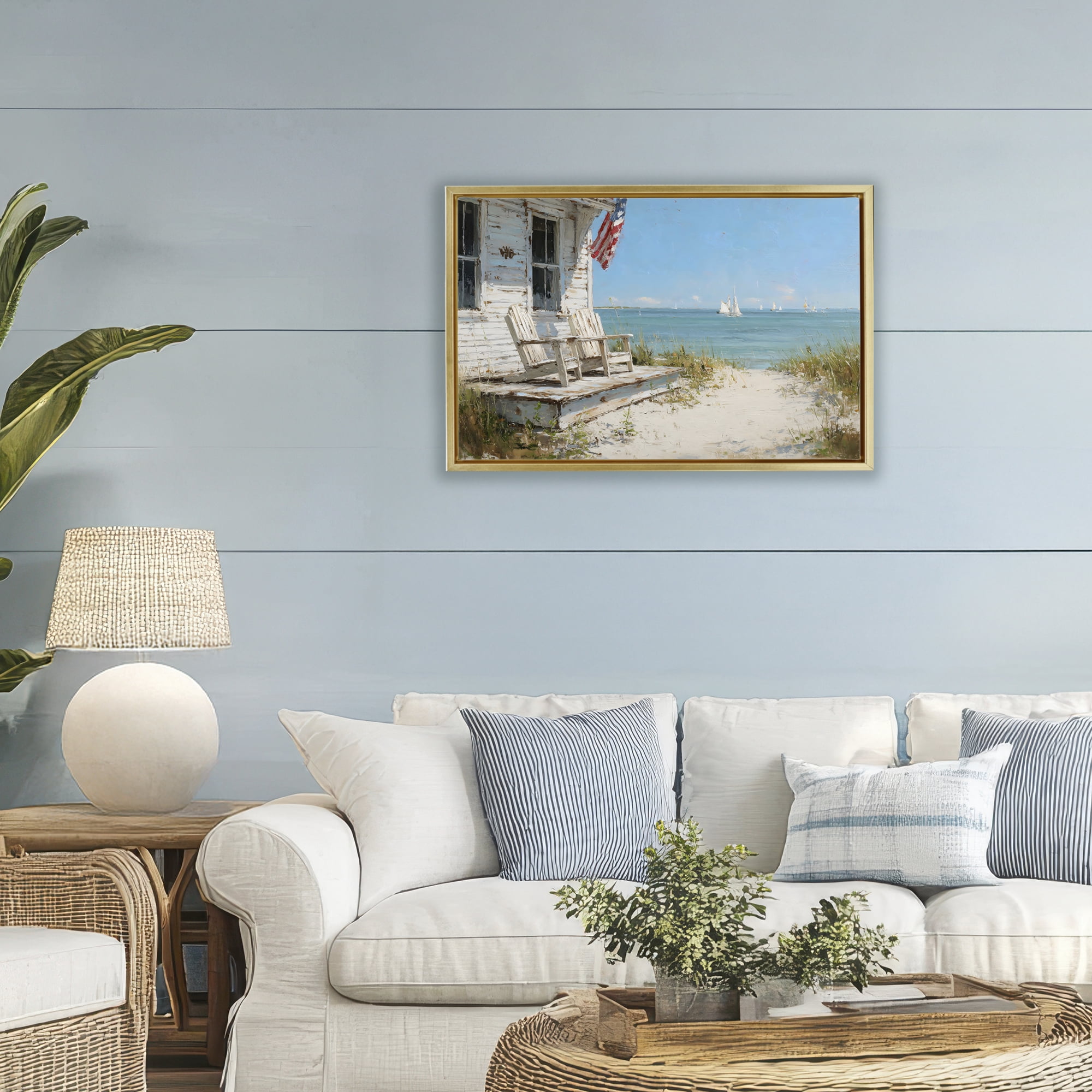 Stupell Industries By The Ocean Cottage Retreat Gold Framed Floater Canvas Wall Art, design by Petal Prints Design