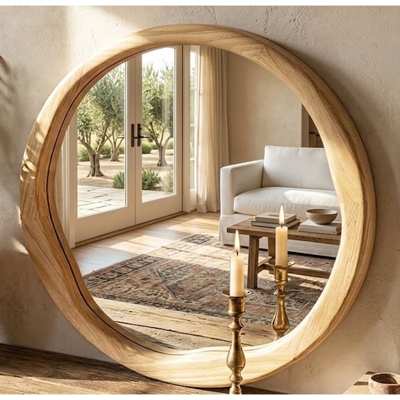 EcoNovi 24" Natural Wood Round Bathroom Mirror, Solid Wood Framed Wall Mirror with Wavy Inner Edge, Boho Vanity Mirror for Bedroom Decor