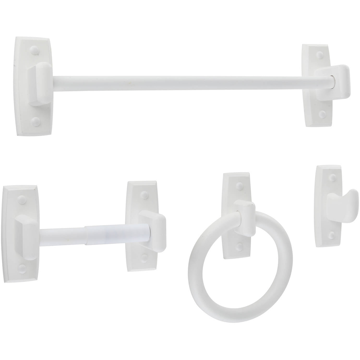 Mainstays 4 Piece White Wooden Bathroom Accessories Set Towel Bar Tissue Holder 