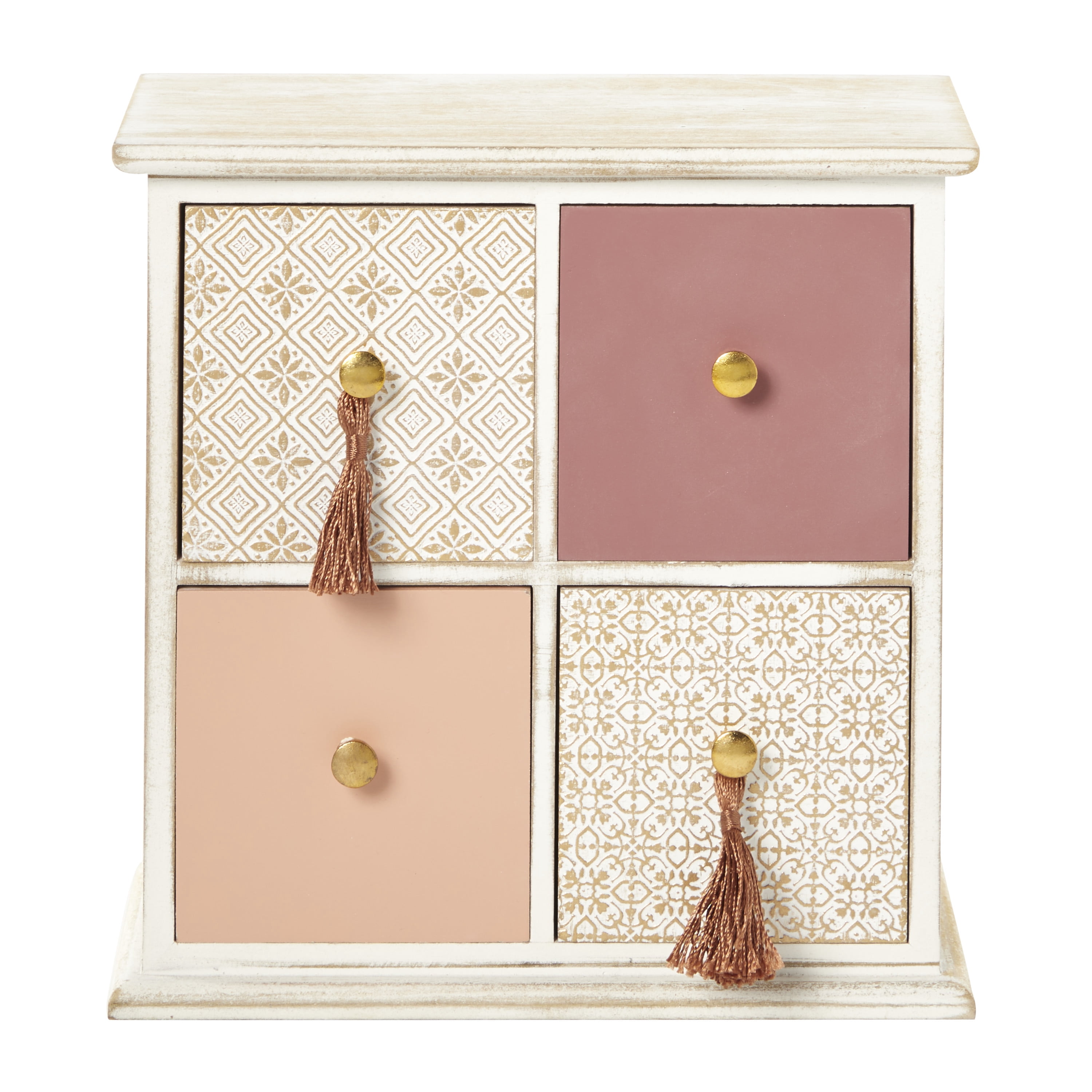 DecMode Floral 4 Drawers Brown Wood Decorative Jewelry Box with Tassel Knobs
