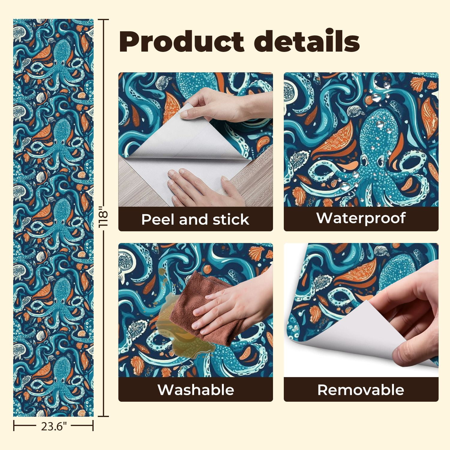 Paisley Peel and Stick Wallpaper 23.6in x 9.8ft Abstract Ocean Design Octopus Marine Life Blue Orange Contact Paper Vinyl Waterproof Self Adhesive Wall Paper for Bedroom Shelf Cabinet Renter Friendly