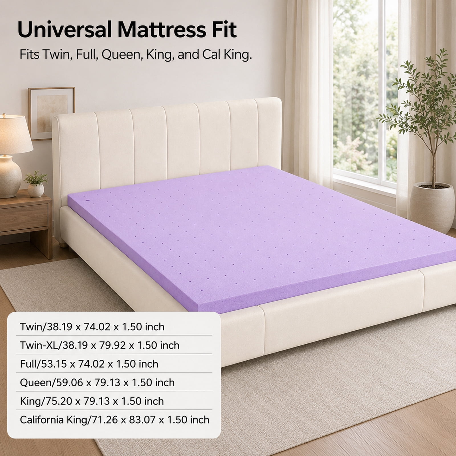 Alvantor 1.5 Inch Cooling Gel Memory Foam Mattress Topper Pressure Relief Pad, Ventilated Design Bed Topper, Purple