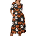 thumbnail image 5 of Domzest Halloween Dress for Women Crew Neck Short Sleeve Dresses with Pockets Pumpkin Ghost Bat Print Funny Midi Dress White 3XL, 5 of 6
