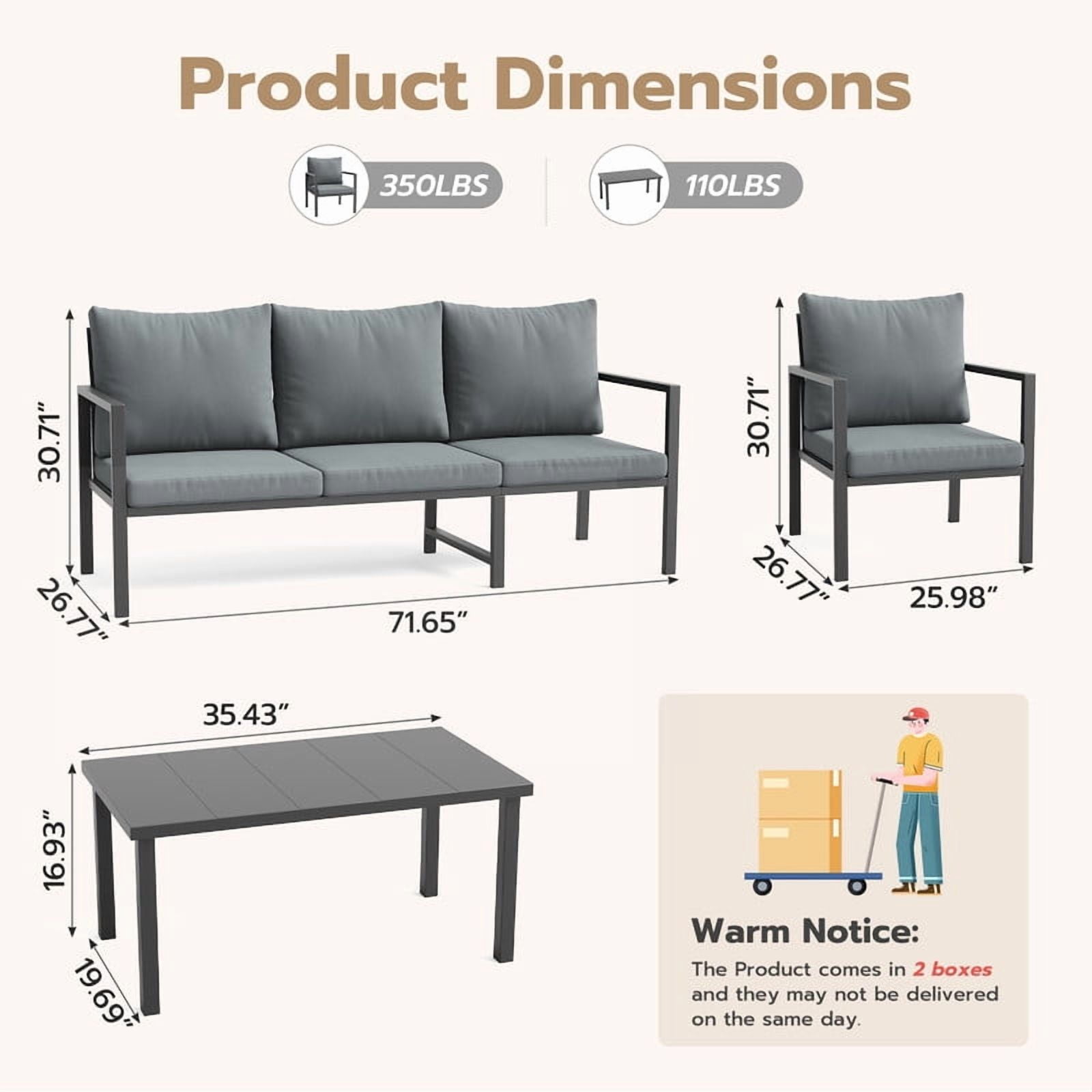 MRUAKA 4-Piece Outdoor Patio Conversation Set, Metal Frame Furniture Sofa with Armchairs & Coffee Table, Weather-Resistant Cushions for Balcony, Deck, Poolside Gray