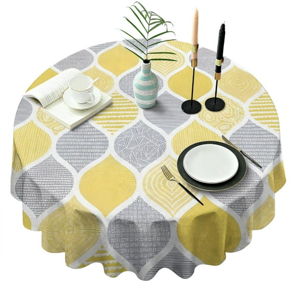 Yellow and Gray Geometric Quatrefoil Pattern Round Tablecloth 60"x60",Wrinkle Wipeable Table Cloth for Kitchen Dining Room Picnic Patio Party