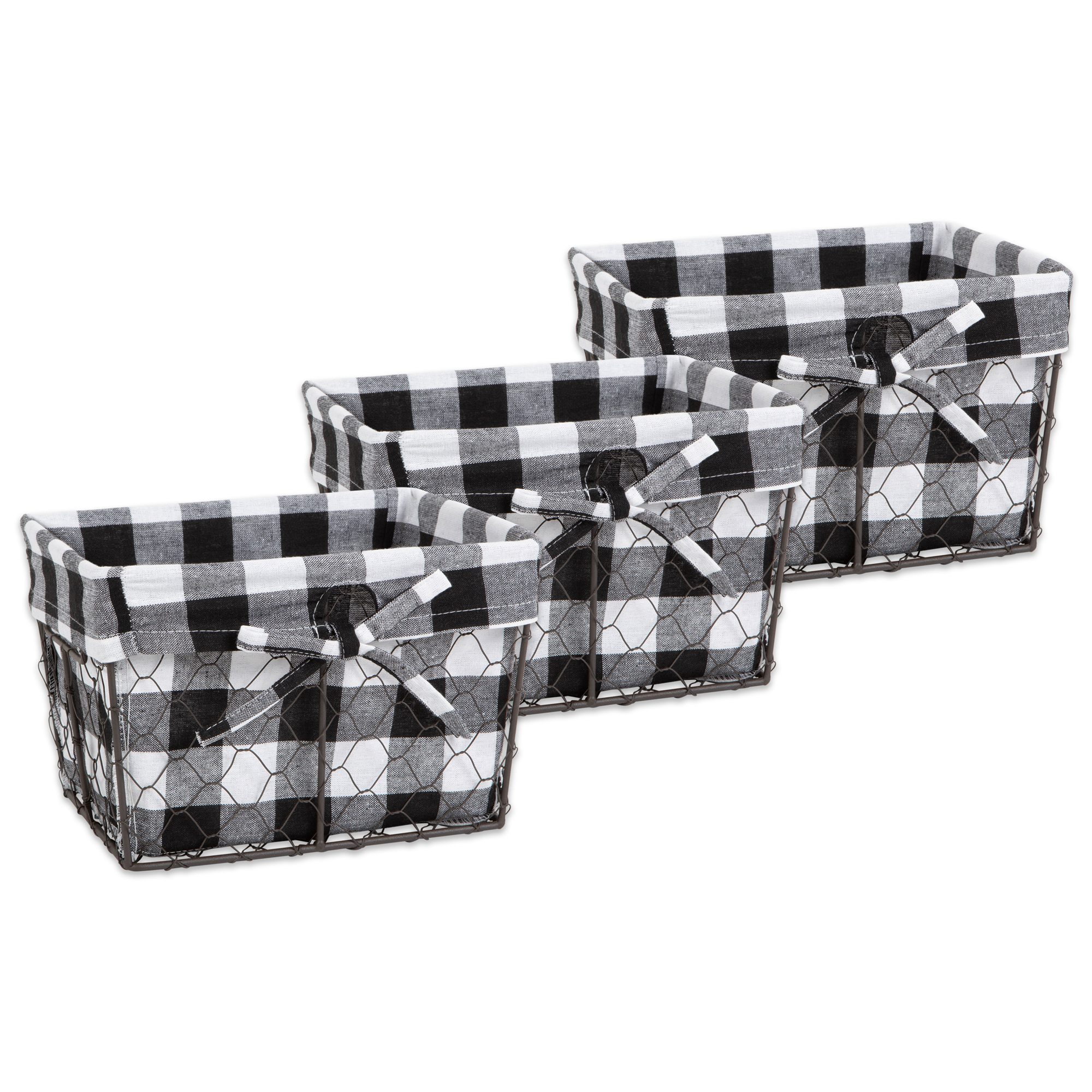 Set of 3 Vintage Chicken Wire Baskets with Black and White Check Basket