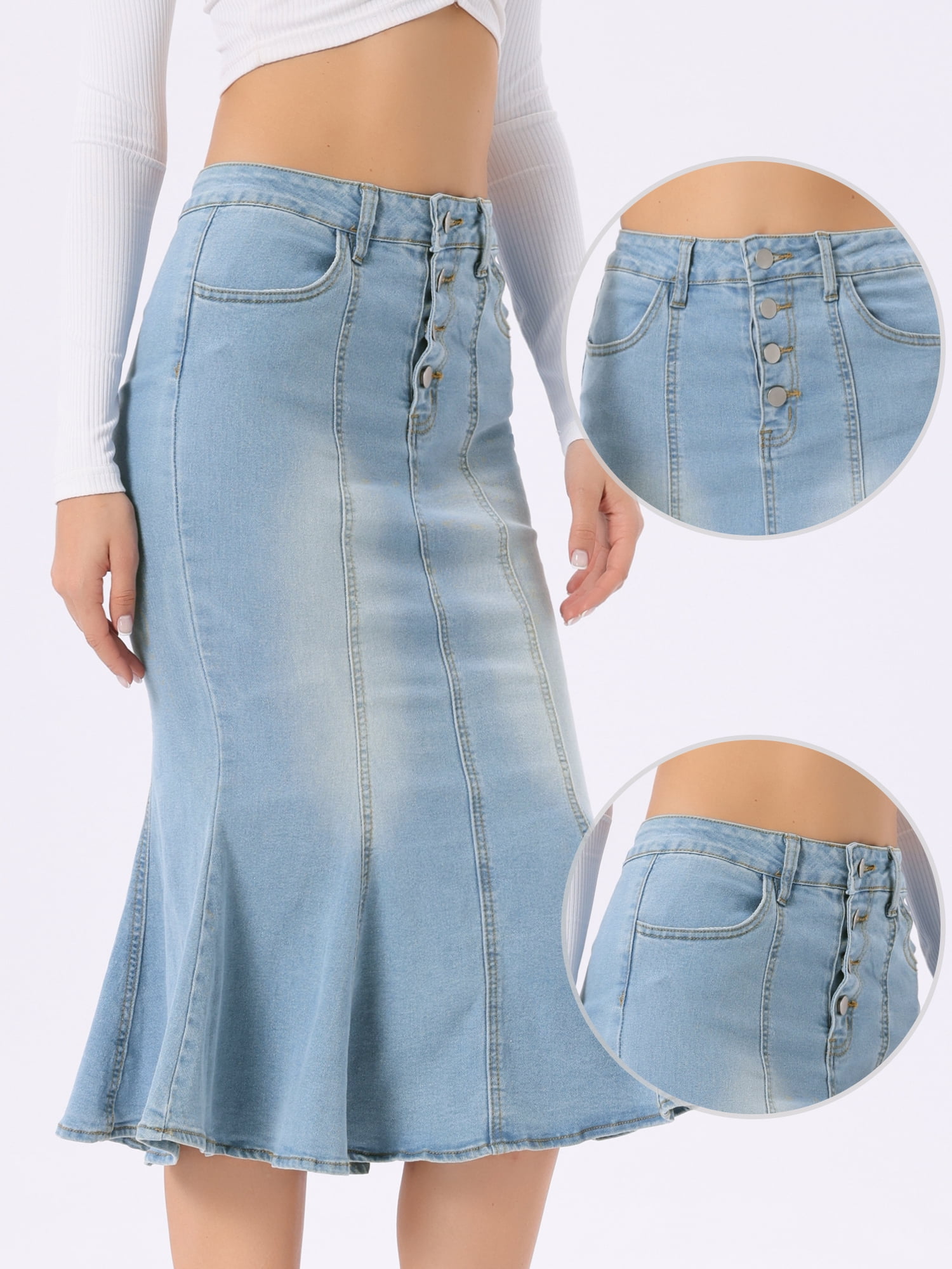 DARING DIVA Women's Soft Elegant Washed Fishtail Casual Midi Denim Skirt M Light Blue