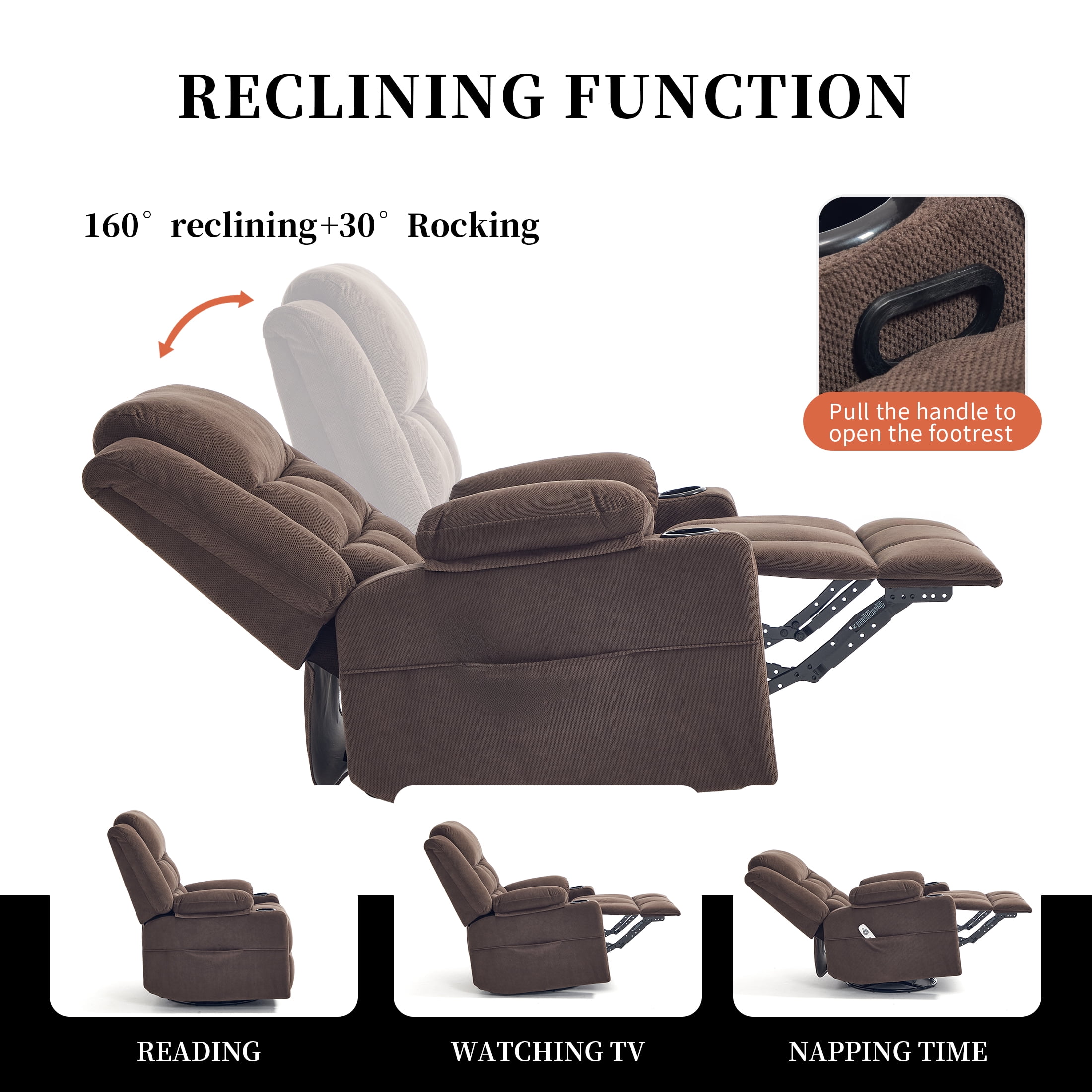 Swivel Rocker Recliner Chair for Adults with Massage and Heat, Cup Holders and Side Pockets, Glider Rocking Reclining Single Sofa Chair for Living Room (Cocoa)
