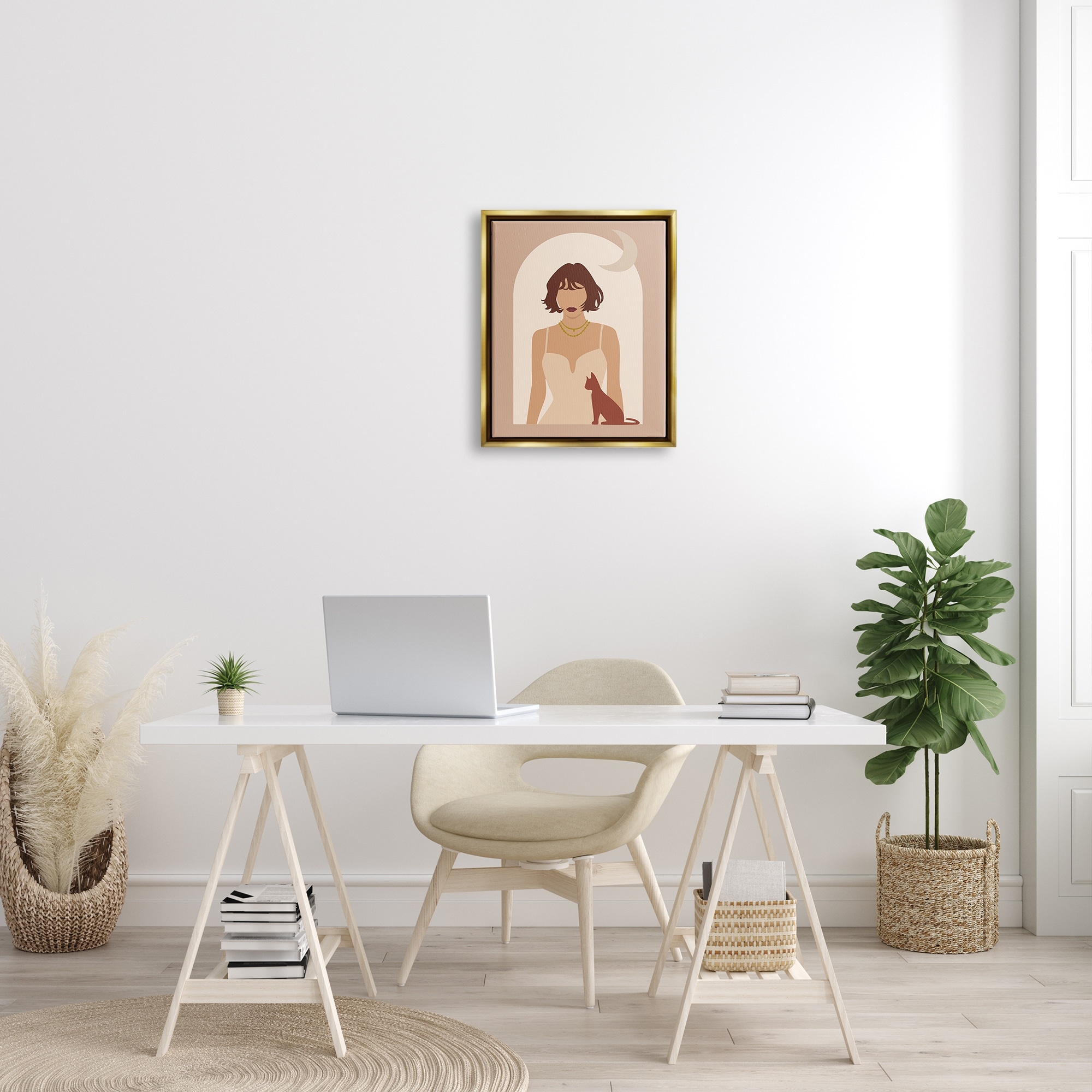Stupell Industries Woman & Cat Arch Shape Cutout Moon Motif Graphic Art Metallic Gold Floating Framed Canvas Print Wall Art, Design by Birch&Ink