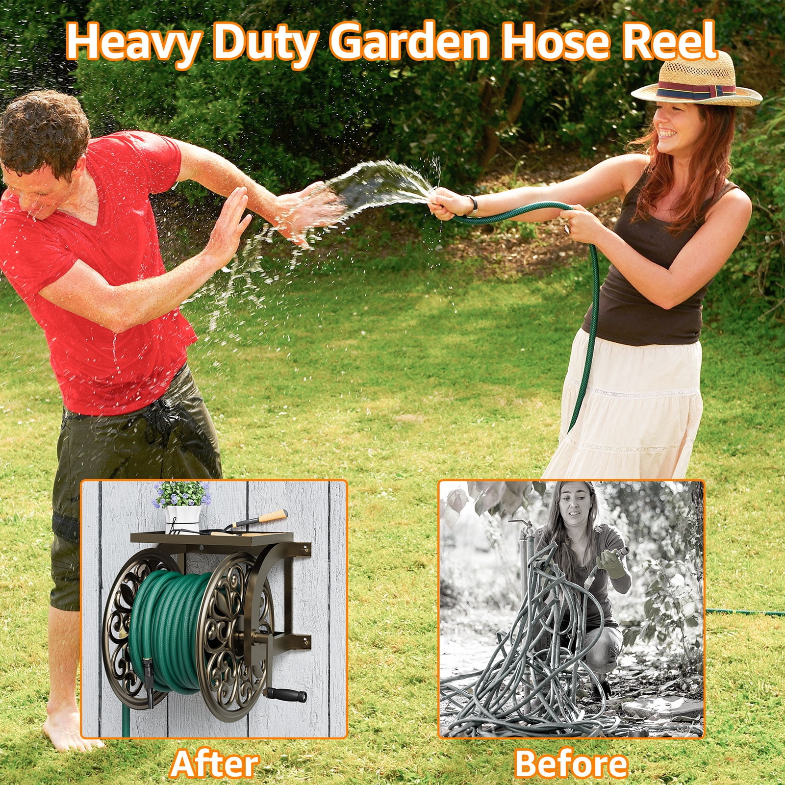 Outlandpro Metal Decorative Garden Hose Reel, Heavy Duty Hose Holder for Outside, Wall Mount, Holds 200 ft x 5/8" Hose Storage