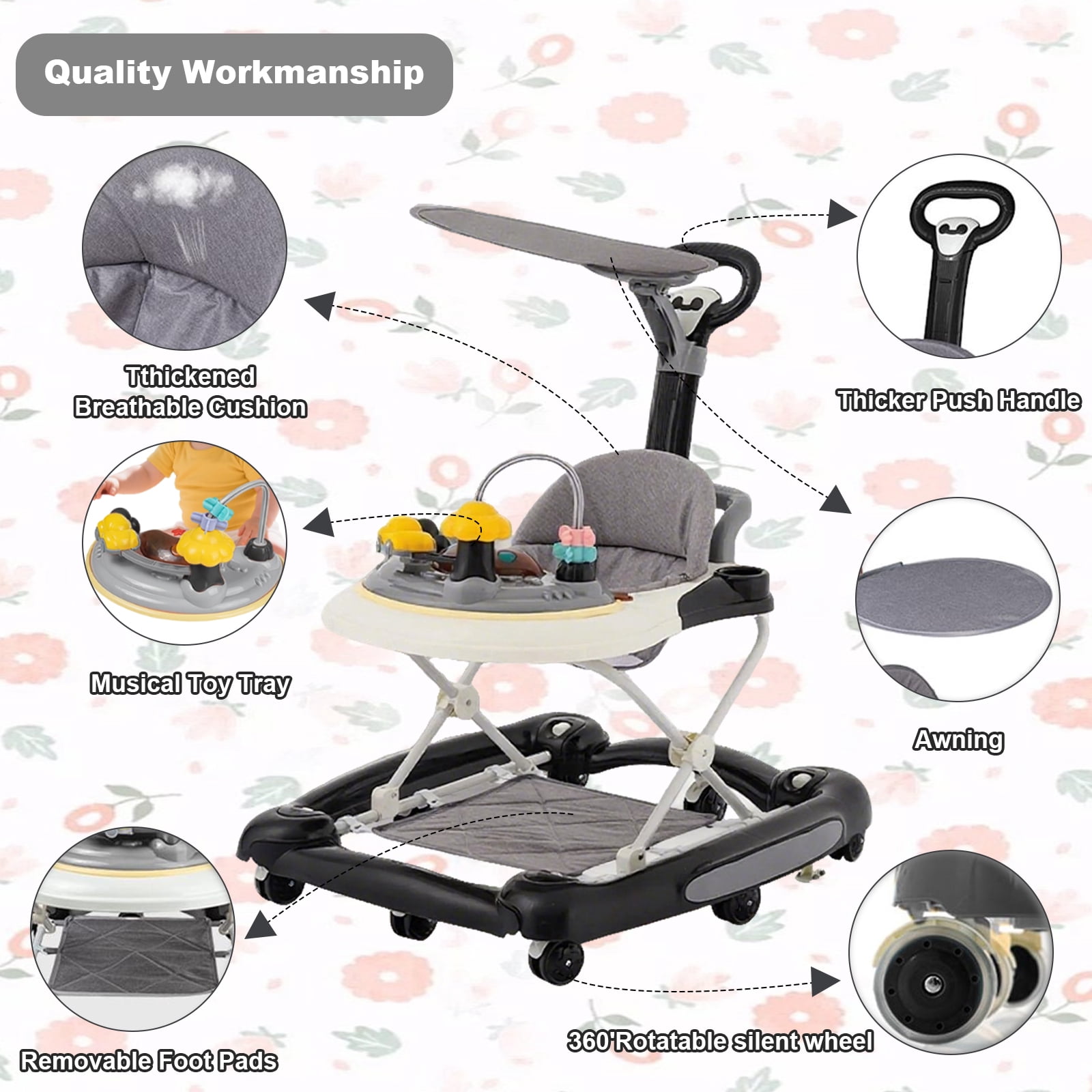 MINGYI 5-in-1 Baby Activity Walker, Foldable, Height Adjustable, Quiet Wheels, Easy Clean, Black, Suitable for Boys and Girls