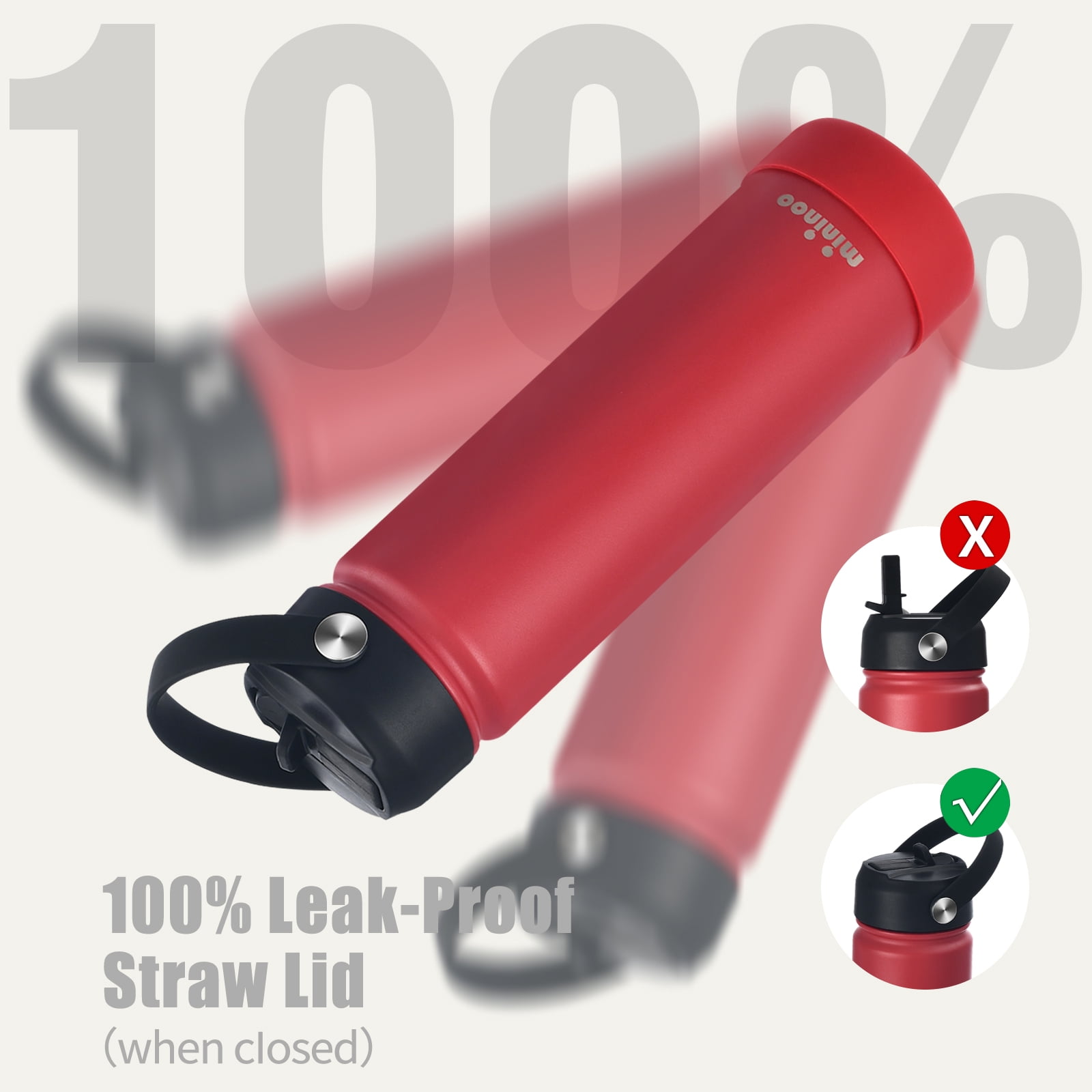 Mininoo 24 oz Insulated Stainless Steel Water Bottle with Straw Lid, Ceramic-Lined, BPA-Free, Red