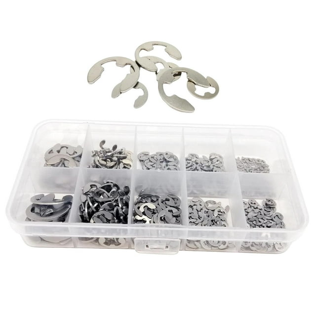 580 Uds. Anillo de hebilla en E con estuche de almacenamiento conjunto surtido resistente M1.5 M2.5 M3.5 M4 M5 M6 10 sujetadores apertura Snap Ring Circlip Set Plata Macarena Anillo de retención externo