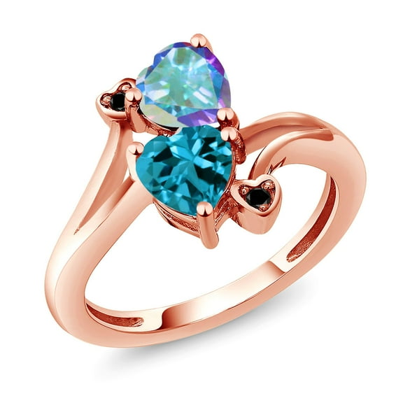 Gem Stone King 18K Rose Gold Plated Silver Mercury Mist Mystic Topaz London Blue Topaz and Black Diamond Ring for Women (1.98 Cttw, Heart Shape 6MM, Gemstone Birthstone, Size 5)