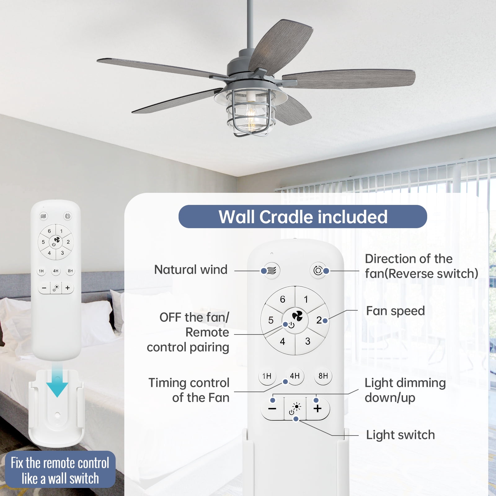 Sofucor 52 inch Ceiling Fan with Light 5 Wood blads with 2 colors, Dimmable, Reversible, Quiet Motor
