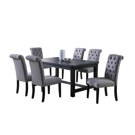 Roundhill Furniture Leviton Antique Black Finished Wood Dining Set, Table with Six Chairs, Gray