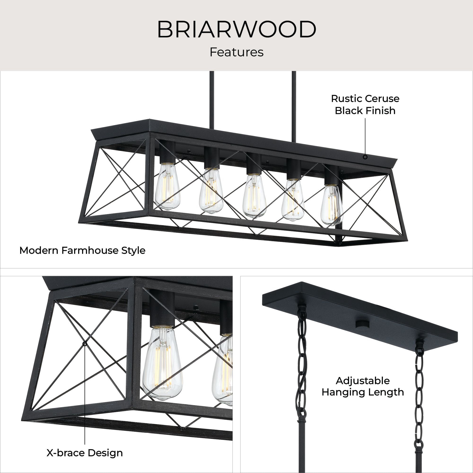 Briarwood Collection Five-Light Textured and Cerused Black Farmhouse Style Linear Island Chandelier Light