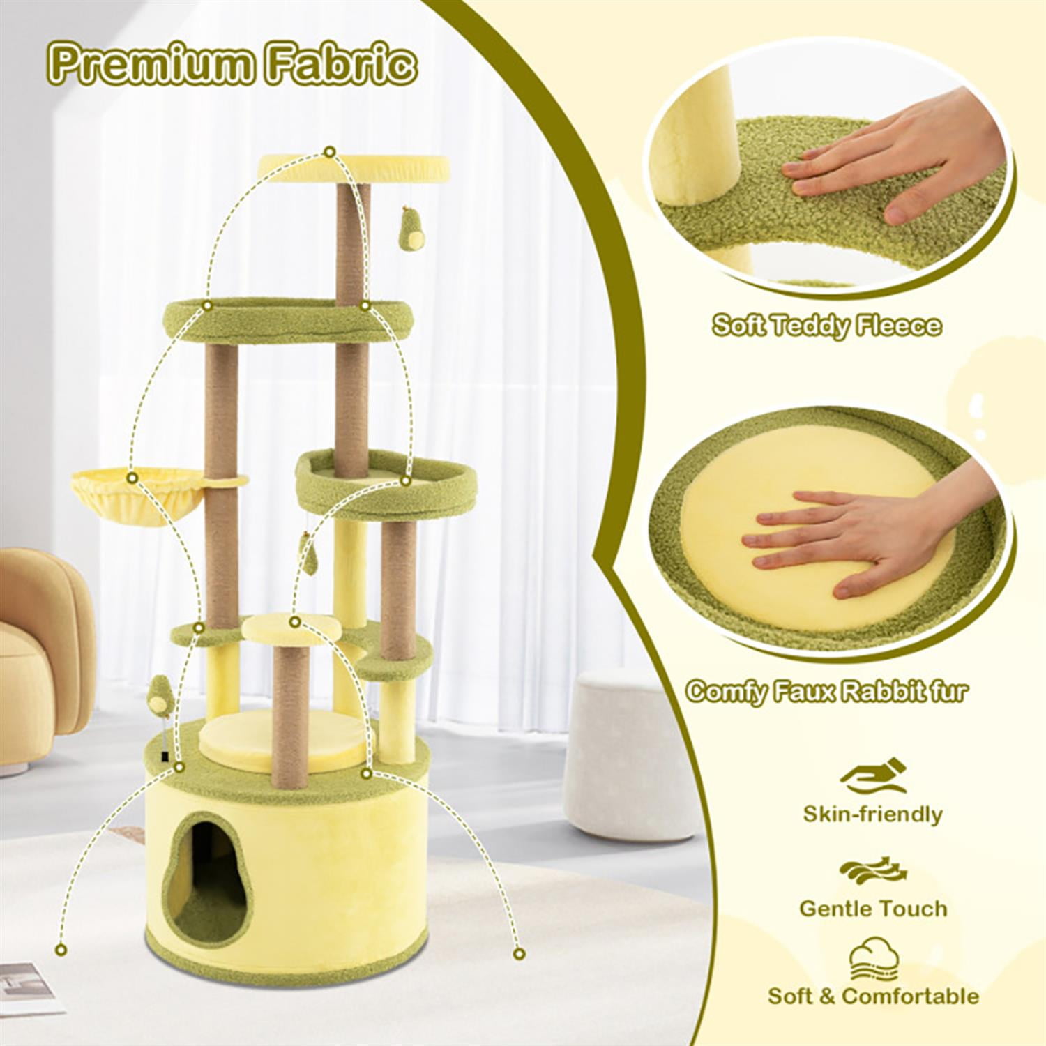 Kadyn 62" Cat Tree Tower with Private Condo for Indoor Cats, Multifunctional Plush Cat House with Scratching Posts and Padded Top Perch, Green