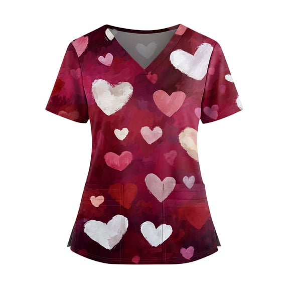 Valentines Day Scrub Tops Women Hoilday Short Sleeve Cute Love Heart Printed Scrub Shirts Casual V Neck Scrubs Medical Nurse Workwear Nursing Uniform with Pockets Wine 3XL