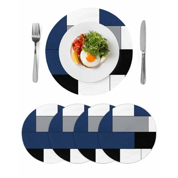 Navy Blue Black Grey Round 15 Inch Placemats Set of 4, Modern Irregular Geometric Abstract HeatResistant Non Slip Place Mats for Dining Table, Wipeable Braided Kitchen Table Mats for Housewarming