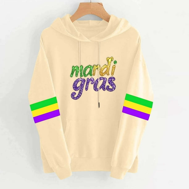 Uootdi Mardi Gras Womens Drawstring Hoodies for Women Carnival Crewneck Heart Print Hooded Long Sleeve Pullover Festive Color Block Loose Sweatshirts Gift